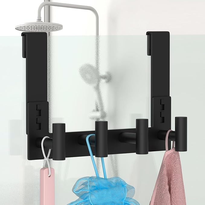 PMMASTO Black Extra-Long Shower Door Hanger, 4 T-Hooks, Fits 3/8-Inch Glass | Extra-Long Heavy-Duty Stainless Steel, 4 T-Shaped Hooks, for Bathrobes and Towels on Frameless Glass Shower Doors