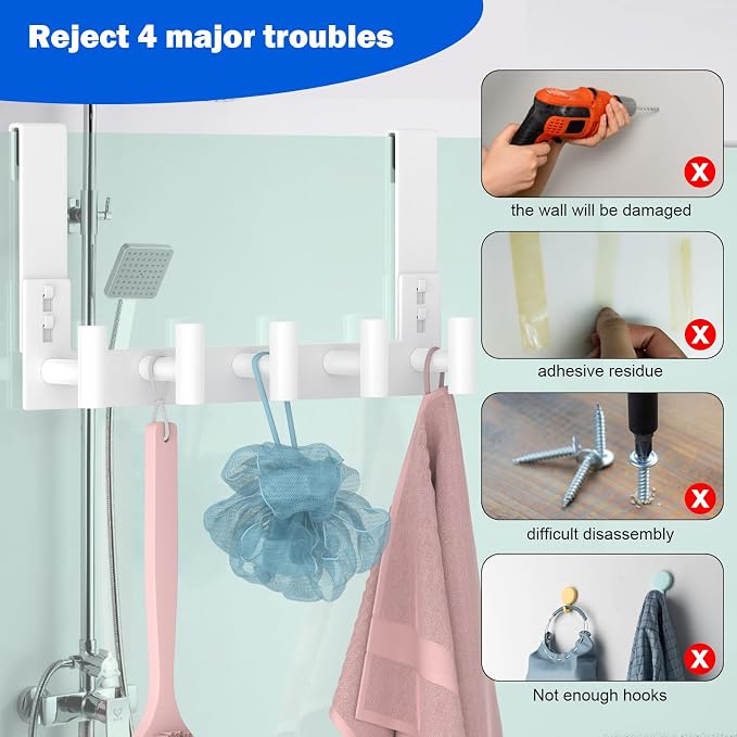 PMMASTO White Extra-Long Shower Door Hanger, 5 T-Hooks, Fits 3/8-Inch Glass | Extra-Long Heavy-Duty Stainless Steel, 5 T-Shaped Hooks, for Bathrobes and Towels on Frameless Glass Shower Doors