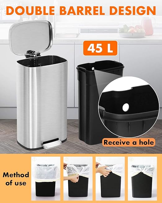 8 Gallon (30L) Stainless Steel Trash Can with Lid, Removable Inner Bucket, Foot Pedal, Soft Close, for Office&Home&Kitchen