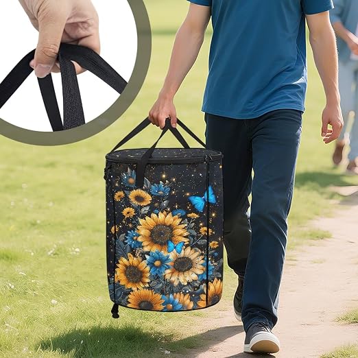 BIGCARJOB Sunflower Butterfly Camping Trash Can Outside Recycling Bin 22.83x17.71 in, Large Trash Can Pop Up Rubbish Bins with Clip and Zipper Lid(23 Gallons)