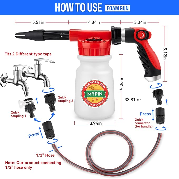 Car Wash Foam Gun/Hose Sprayer, 16 IN 1 Foam Cannon for Car/Garden Cleaning | Adjustable Sprayer with 2.5-6 Bars Foam Blaster, 1L Bottle, Nozzles, Mitten&Towel, 1/2” Quick Connector for Garden Hose