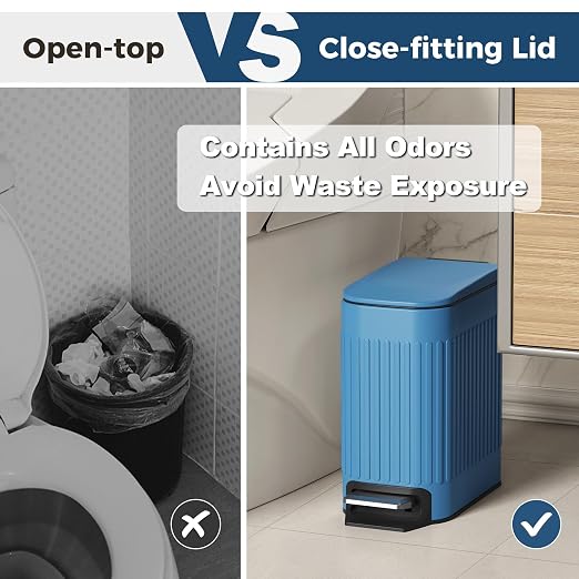 TrashAid Slim Bathroom Trash Can with Lid Soft Close & Pedal, 1.6Gal, Blue | Removable Inner Bucket, Stainless Steel Garbage Can, Small Wastebasket for Toilet/Office/Bedroom, Retro Design, Odor Control