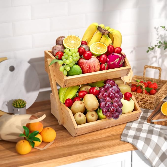 G.a HOMEFAVOR 2-Tier Bamboo Fruit Basket for Kitchen Counter, Self-assembly | Large Fruit Bowl, Vegetable Storage Stand for Fruit Shop, 15 mm Thickness
