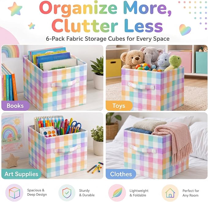 Chunful 6 Pcs 11 Inch Pastel Checked Fabric Storage Cube Bin Woven Foldable Gingham Storage Cube for Classroom Basket Bin Organizer with Handle Decor for Organizing Clothes, Toy, Book