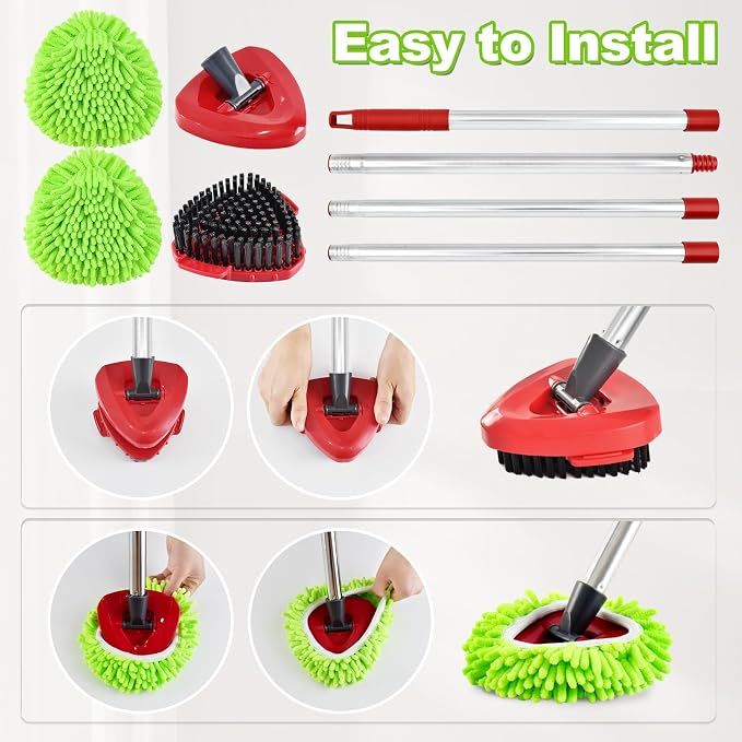 Chenille Mop Heads Scrubber Brush & Base Mop Replace Handle for O-Cedar RinseClean 2 Tank Spin Mop System Set Include 2 Chenille Mop Pads 1 Brush 1 Base and Stainless Steel Mop Handle (NO Bucket)
