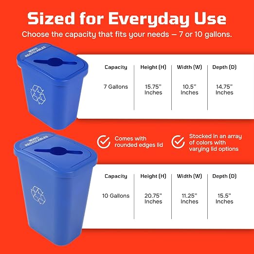 City Box Recycling Plastic Trash Can with Lid for Office | Available 7 & 10 Gallon Sizes, Durable Plastic Construction, Secure Lid, Lightweight Design Indoor Recycling bin for kitchen