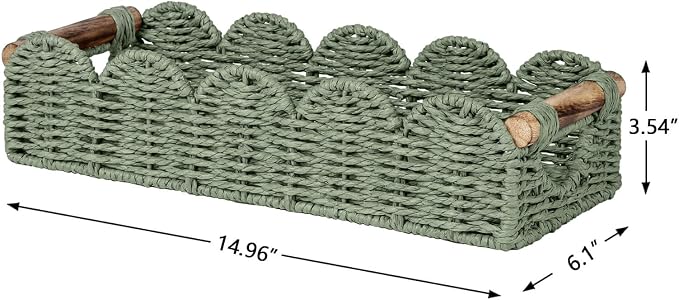 CubesLand Bathroom Basket Organizer, Toilet Decor Basket W/Cut Out Handle | Wicker Toilet Paper Storage Basket Tray, Scalloped Basket for Bathroom Countertop Decorative Also for Home Decor, Green