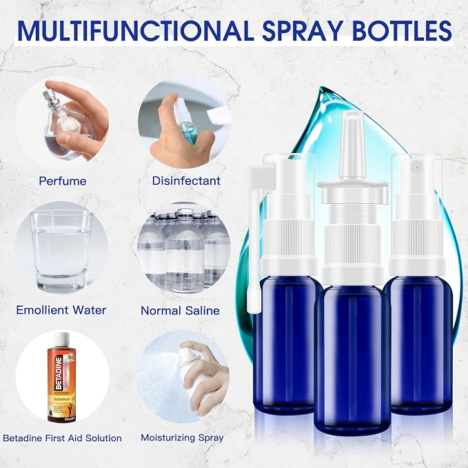 Nasal Spray Bottle, 3 Pcs 30ML/1oz Glass Refillable Continuous Fine Mister Spray Bottles, Travel Sized Empty Nasal Sprayer with Sprayers, Funnels and Labels(Blue)