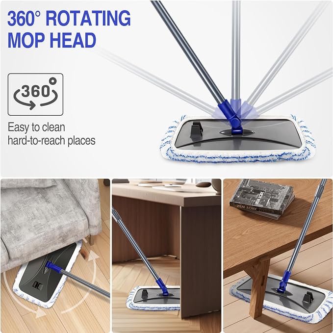 Microfiber Mops for Floor Cleaning,Hardwood Floor Mop with 5 Reusable Pads | Extra Large Industrial Mop,Floor Commercial Mop for Wet & Dry Use, Flat Mops for Hardwood, Vinyl, Laminate, Tile Floors