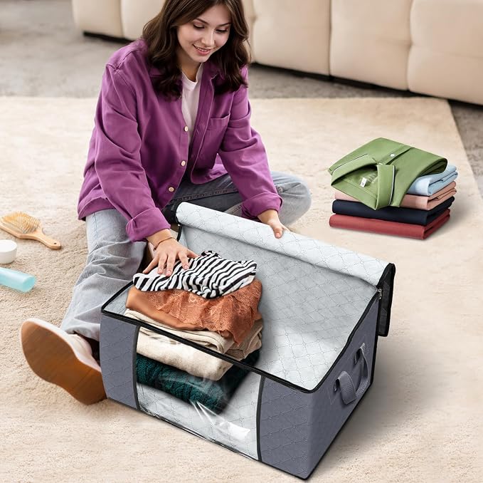 Fab totes 3 Pack Storage Bags for Clothes Blanket Storage Bins with Lids | Foldable Closet Organizers with Zippers,Window and Handles,Fabric Storage Bins for Sweater,Comforter,Bedding,Dorm essentials