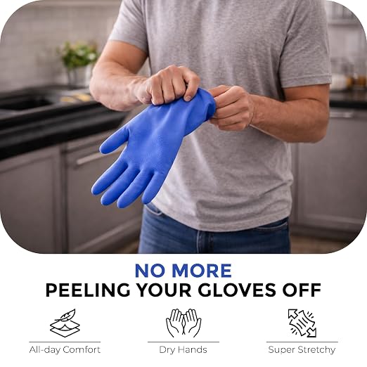 LADWA 2 Pairs Non-Slip Household Cleaning Reusable Dishwashing Gloves for Kitchen Washing Dishes Bathroom Gardening & Home Tasks Flexible Long-lasting & Waterproof Gloves Perfect for Woman Men (Blue)