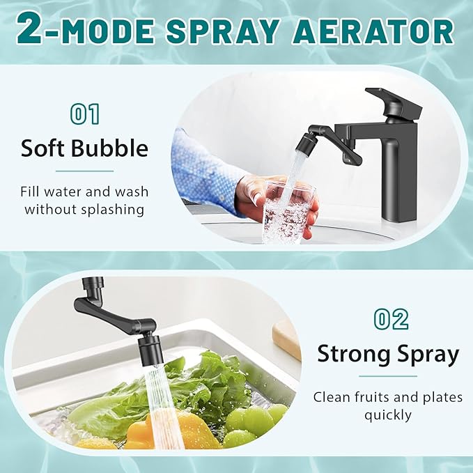 CECEFIN 1440 Swivel Faucet Extender for Kitchen/Bathroom Sink, NSF/ANSI 372 | Black Tap Aerator Extension, 1080° Large-Angle Splash, 2-Water Outlet Spray, Rotating Robotic Arm, Wash Hand/Face