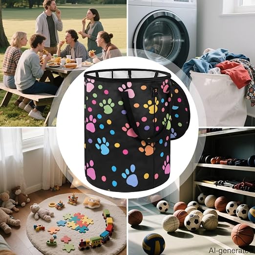 Collapsible Trash Can with Lid, Colorful Paw 24 Gallon Camping Trash Can with Handles Waterproof Portable Recycling Bin for Yard Garden Waste Pop-Up Storage Bags for Toys Clothes