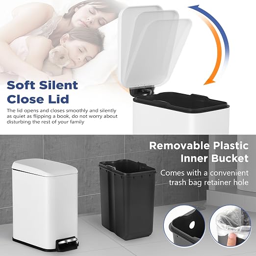 1.3 Gallon Small Kitchen Trash Can, Stainless Steel, Removable Plastic Inner Bucket, Foot Pedal, for Bathroom,(2 Set)