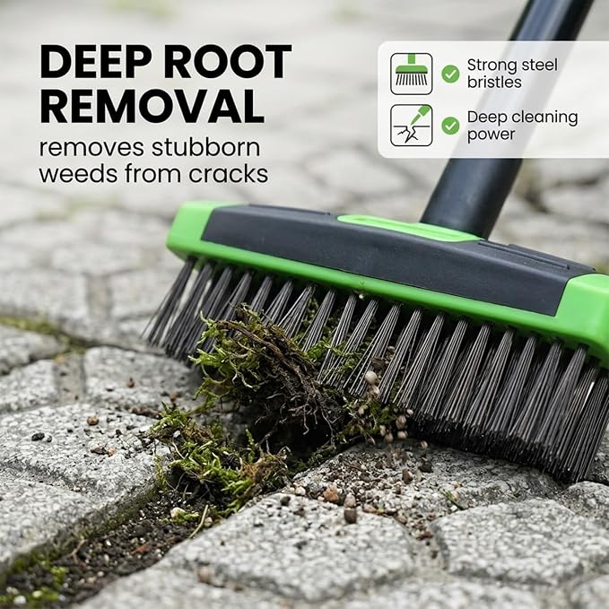 SakerPlus 3-in-1 Versatile Weed Brush Combo Set with Long Handle (1pack) | Crack Weeder Brush, Wire Floor Scrubber, Triangular Brush, Scraper, Steel Wire Bristles for Patio, Driveway, Deck
