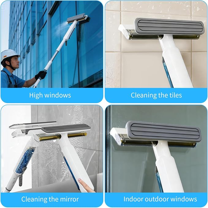 4-in-1 Window Cleaner with Extension Pole & Handle-Controlled Sprayer | 74" Extendable Window Cleaning Kit , Foam Scrubber & Reusable Pads for High Windows, Shower Doors, Mirrors & Car Glass