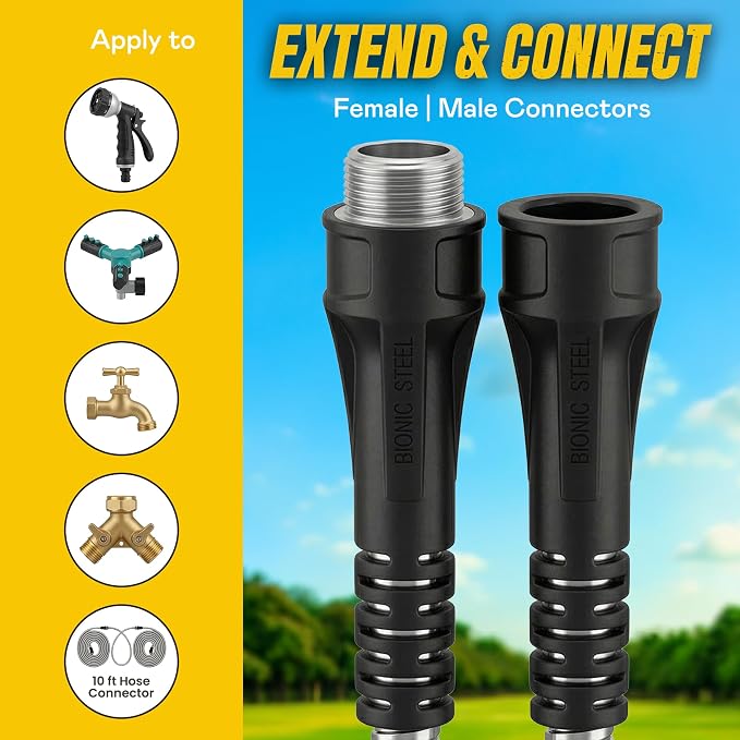 BIONIC STEEL 10Ft Short Garden Hose Extension Connector for Reel | 10 Ft x 5/8 In. Leak Proof Connection, Heavy Duty, Non Kinking, Flexible, Hose Extension