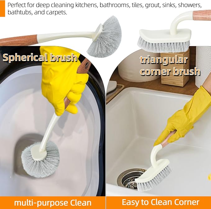 5-Pack Heavy Duty Scrub Brushes Set with Wooden Handles | Multi-Surface Scrubber for Kitchen,Bathroom,Tile & Grout,Includes Spherical,Triangle,Square & Dish Brush for Stubborn Stains