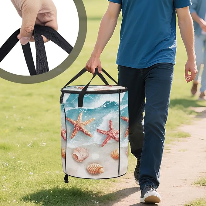 Foldable Trash Bag with Lid and Handles 24 Gallon Large Capacity Collapsible Garden Leaf Bin Reusable Waster Bags for Camping Outdoor Picnics Beach Starfish Print