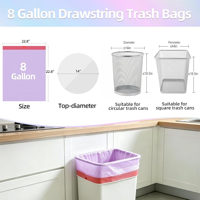 8 Gallon Trash Bags, 160 Count Drawstring Small Garbage Bags Thick Pre-separated Unscented Trash Can Liners for Bathroom Office Kitchen Bedroom Home Multi Colored