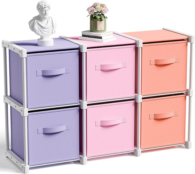 Briwooody 6 Cube Storage Organizer Bins with Shelf, Pink,Purple,Orange | 11x11'', Storage Organizer, Toy Storage Box, Back to School, Dorm Organizer, Fabric Drawers, Playroom Bedroom Storage Cabinet