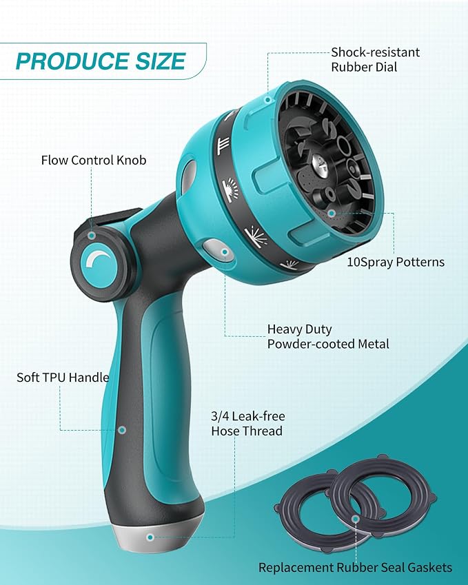 Garden Hose Nozzle Heavy Duty, Water Hose Sprayer Nozzle for Outdoor | THUMB CONTROL On Off Valve for Easy Water Control, 10 Spray Patterns - Water Hose Nozzle Head Attachment