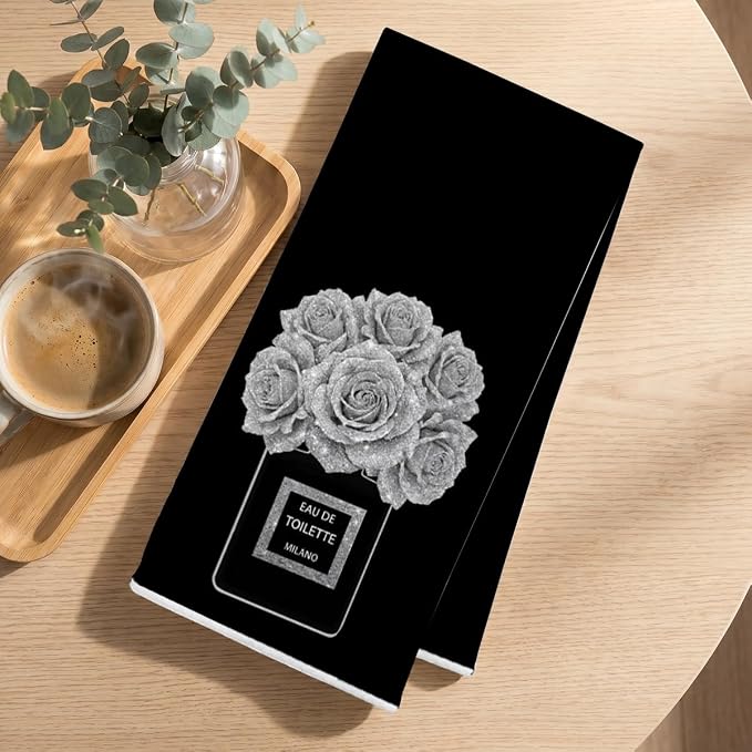 2 Pcs Black and White Hand Towels 24x14 Inch, Preppy Girly Bathroom Decor | Trendy Perfume High Heel Shoes Decorative Hand Towels for Vanity Power Room Washroom Restroom