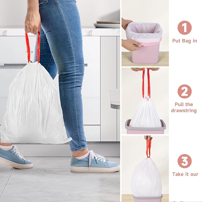 3 Gallon Small Trash-Bags Drawstring For Bathroom - White Plastic Mini Garbage Bags Unscented 60 Count 12 Liter Tiny Waste Basket Liners Kitchen Office Car Little Strong Thick Bulk Magesh