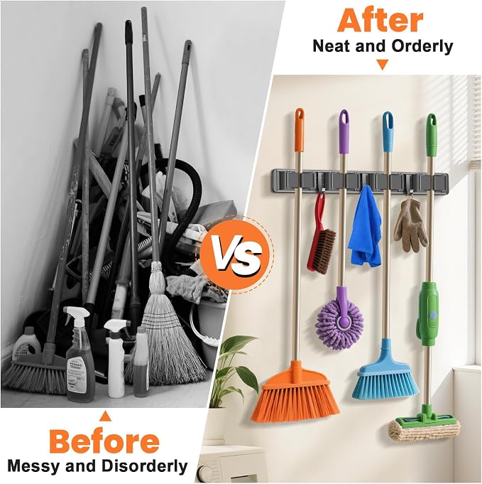 YIZE By YIZHE 15.7 Inch Adhesive Wall Mounted Mop and Broom Holder, 3 Clips & 4 Hooks, Space Aluminum Heavy Duty Garage Organizer for Long Handle Tools, Stick Vacuum, Shovel, Squeegee