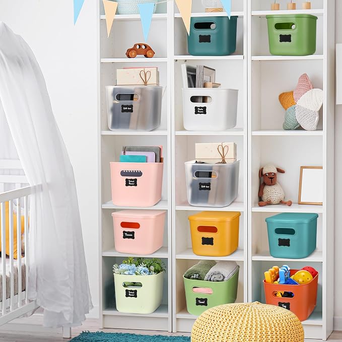 Thyle 12 Pack Classic Color Storage Bins with Lids for Classroom | Stackable with Handles and Labels, Organizer for Toy Craft Classroom Storage, Shelf Bedroom Organizing, 10x7x6 Inch