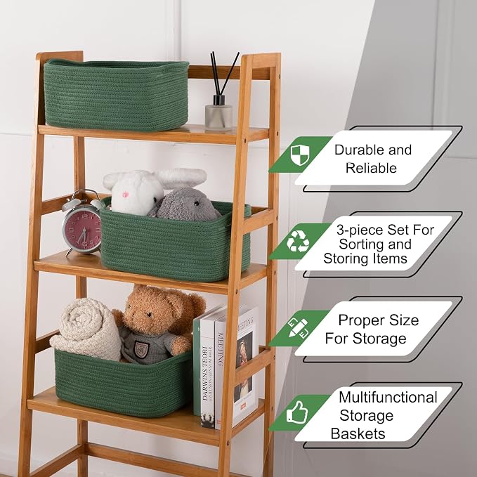 OIAHOMY 3 Pack Storage Baskets for Shelves Cotton Rope Storage Bins Green | Woven Baskets for Storage Nursery Storage Basket with Handles Baskets for Organizing Small Baskets Gift Baskets Empty
