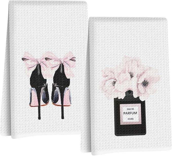 2 Pcs Pink Hand Towels, Perfume High Heeled Shoes Reusable Dish Towels | Fashion Gifts for Women Mom Girls Friend, Waffle Weave Microfiber Towels for Bathroom Home Decor 24x14 Inch