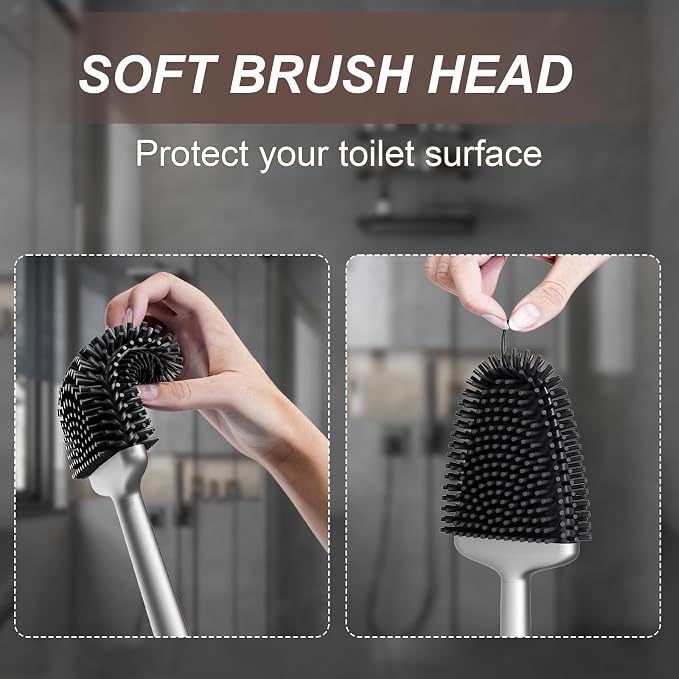 Silicone Toilet Brush, Ventilation Slots Base Holder 1 Pack Silver | Flexible Bristles Flat Head for Rim, Hair Tangle-Free, Easy to Clean, Compact Design, Rustproof Handle, for Toilet/Sink/Tub