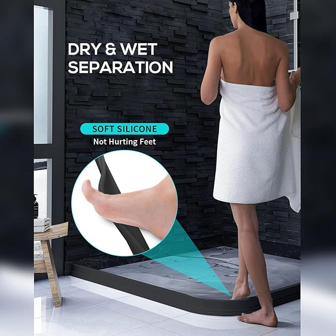 Hi-Na 3ft/5ft/6ft/8ft10ft Collapsible Shower Threshold Water Dam Water Barrier for Shower and Water Stopper Keeps Water Inside Water Threshold for Wet and Dry Separation (6ft, Black)