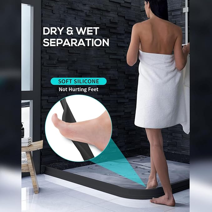 Hi-Na 3ft/5ft/6ft/8ft10ft Collapsible Shower Threshold Water Dam Water Barrier for Shower and Water Stopper Keeps Water Inside Water Threshold for Wet and Dry Separation (3ft, Black)