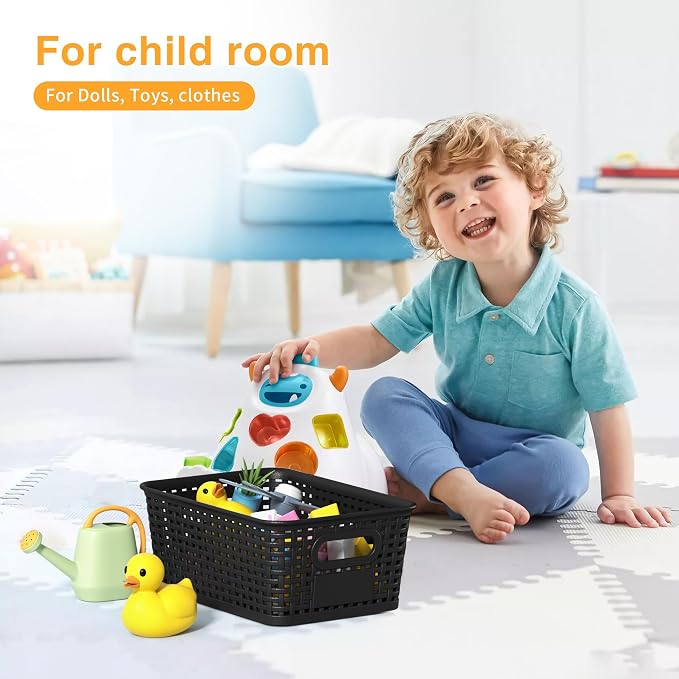 8 Pack Plastic Storage Baskets,Black Stackable Storage Bins | 5.3qt Storage Containers with Labels for Organizing Shelves Drawers Desktop Closet Playroom Classroom Office