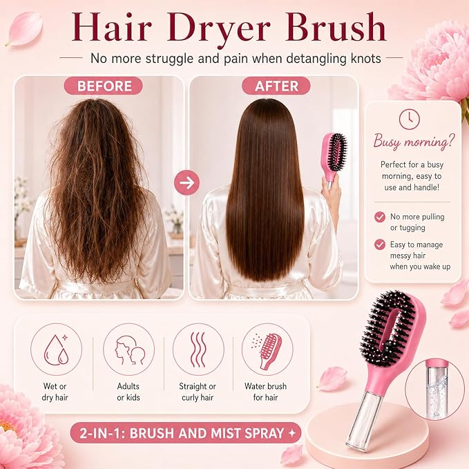 2-in-1 Misting Hair Brush with Built-In Water Spray, Lightweight Anti-Static Mist Comb for Wet & Dry Hair, Smoothing Mist Brush with Fine Continuous Spray for Straight, Curly & Thick Hair (Purple)