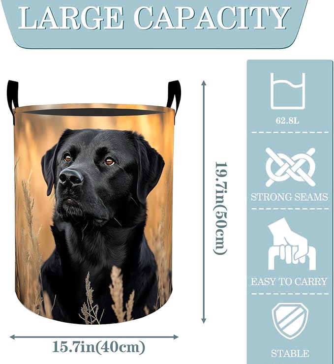 Labrador Dog with Wheat Field Laundry Basket, Dirty Collapsible Clothes Toy Organizer Hamper for Kids Adults, Oxford Cloth Waterproof Storage Bin for Bedroom Bathroom Decor Gifts, 19.7"X15.7"