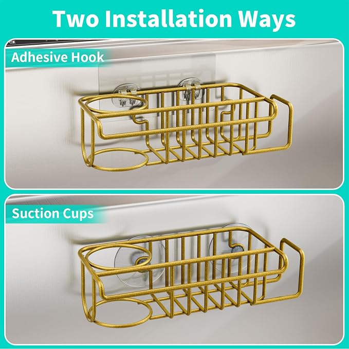HapiRm Sponge Holder for Kitchen Sink, No Drill Kitchen Sink Caddy Organizer, Rustproof Dish Sponge Holder- Gold(8.73 * 3.54 * 2.36in)