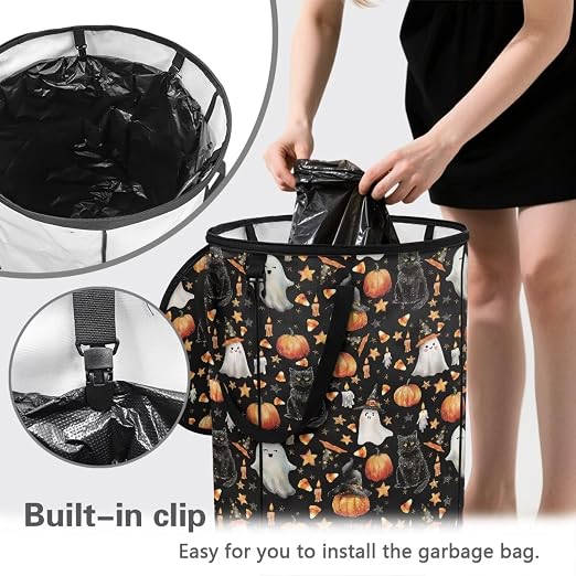 doginthehole Halloween Spooky Ghost Trash Can Outdoor Event Cute Black Cats Pumpkin Large Collapsible Trash Can with Lid Storage Bag Pop Up Trash Cans for Party Supplies, Halloween Decorations