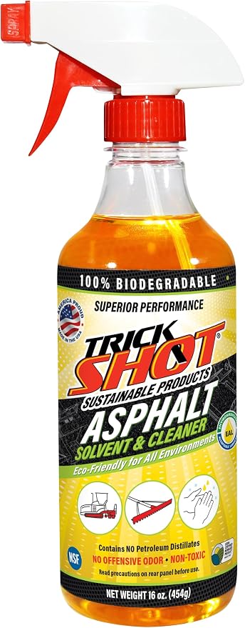 Trick Shot Asphalt Solvent and Cleaner - USDA Biobased Industrial Degreaser for Paving Equipment & Tools, Heavy Duty Formula, Food Grade Tar Remover & Bitumen Remover, Made in USA - 16 Fl Oz