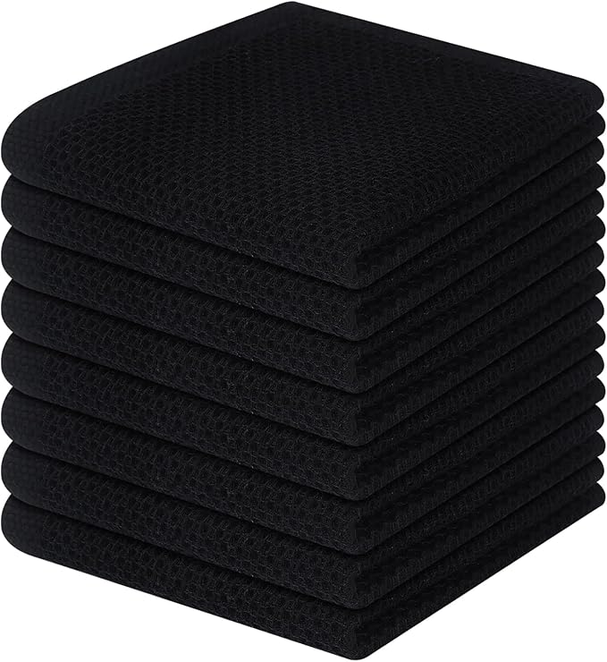 Homaxy 100% Cotton Waffle Weave Kitchen Dish Cloths 8-Pack, Black | 12 x 12 Inches, Ultra Soft Absorbent Dish Towels, Quick Drying Dish Rags with Hanging Loop