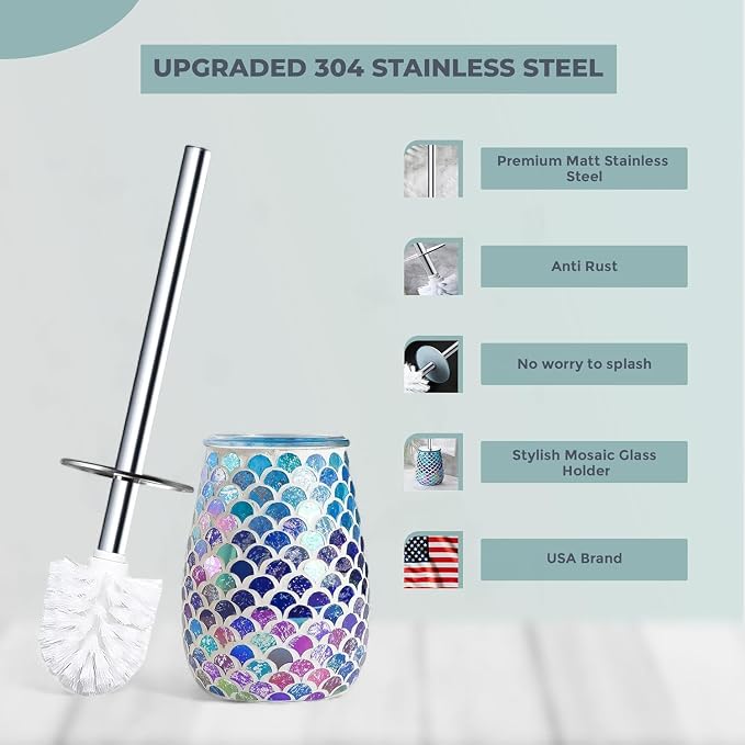 Escenzy Mermaid Toilet Brush and Holder Set | Mosaic Glass Decorative Holder | 304 Stainless Steel Toilet Bowl Brush | Luxury Mermaid Bathroom Decor