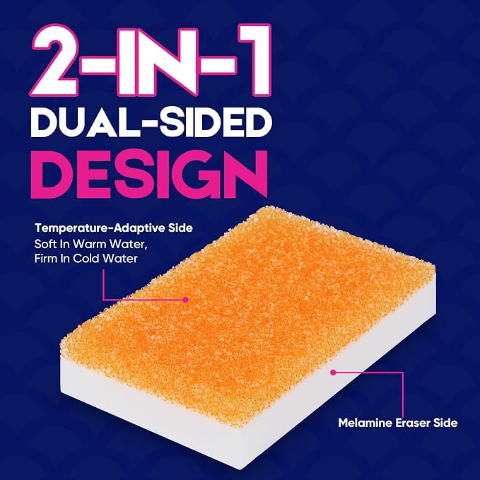 LAUNDRYLUX Magic Sponge Erasers, 8 Pack Dual-Sided Shower & Tub Cleaner | with Temperature-Responsive Scrubber, Melamine Sponges for Bathroom and Shoe Cleaning