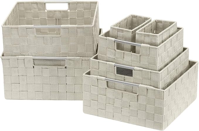 Sorbus Baskets for Organizing, 7-Piece Hand-Woven Storage Set (Beige) | Mesh organizers with handles keep linens and accessories sorted on closet shelves; seven-piece variety fits many spaces.