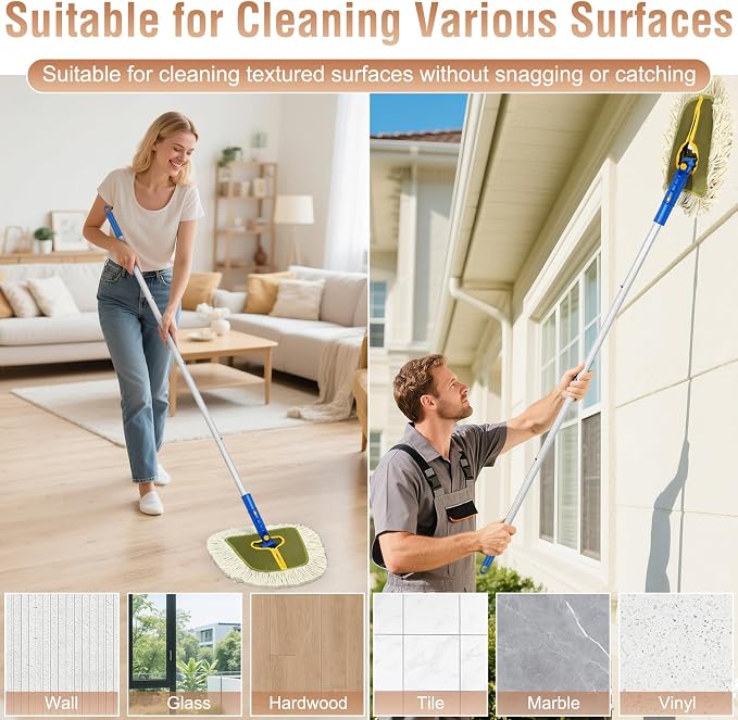 SOBONNE Commercial Dust Mop for Floors Cleaning Heavy Duty | 61"Long Handle Floor Duster|2 Washable Wedge Cotton Mop Pads|Dry Mop Broom for Walls Cleaner,Hardwood,Tile,Vinyl|Green