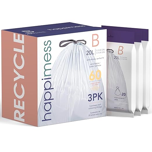 happimess HPM3000B-CLEAR 5.3 Gallon Kitchen Drawstring Trash Bags, Trash Can Liner, Clear, 60-Count, 3-Packs of 20 Liners | Kitchen Can Liners, Drawstring, Heavy Duty LDPE Plastic, Tear-Resistant, Recyclable, Custom Fit