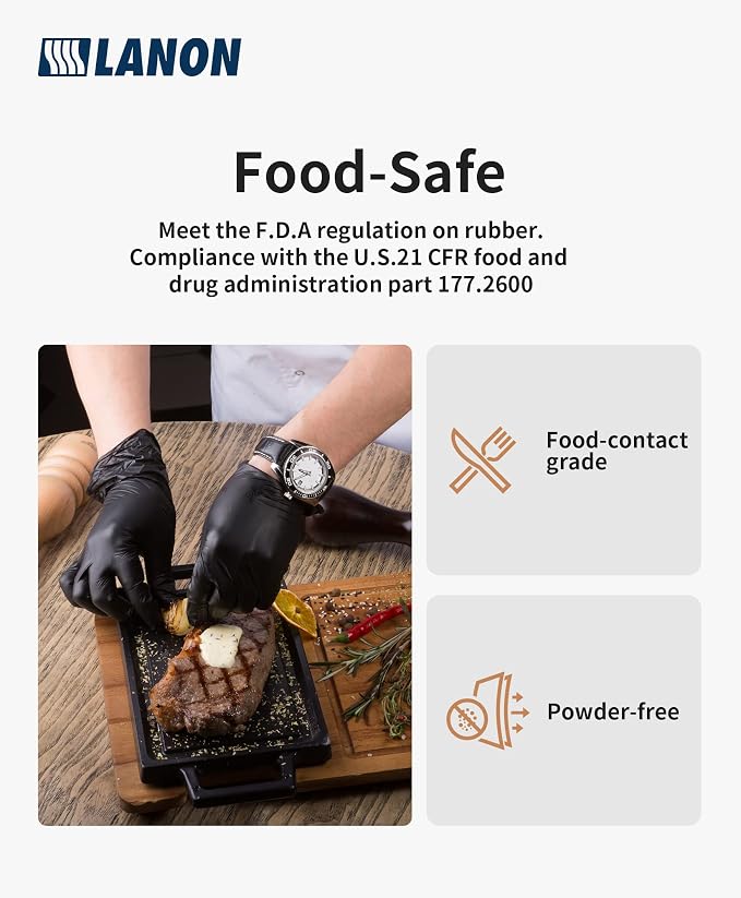 LANON 6-mil Black Nitrile Disposable Gloves, Food-Safe, Powder-Free, Heavy-Duty, Textured Fingertips, Latex-Free, Large | Food Safe,Food Prep,Powder-Free,Latex-Free,Silicone-Free,Textured Fingertips,Kitchen,Heavy-Duty Mechanic Gloves Disposable