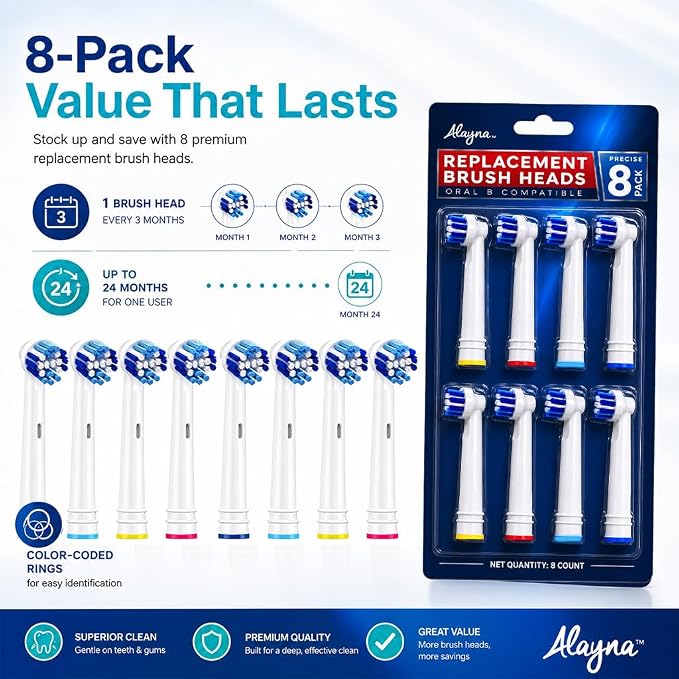 Alayna Toothbrush Heads Compatible with Oral-B, Precision Style, 8 Pack | Replacement Brush Head Refills Compatible with Braun Oral-B Pro 1000, 3000, 5000, 7000, 8000, 9600 and Most Click-On Handles