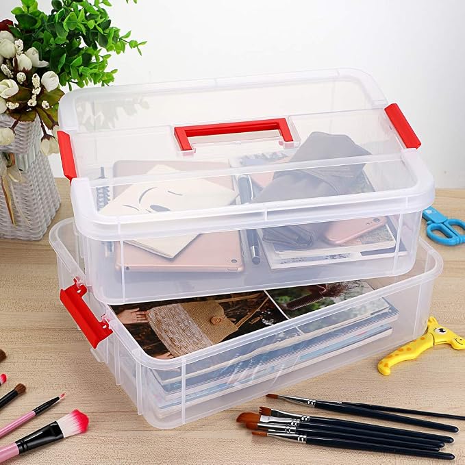 BTSKY 2 Layer Stack & Carry Box, Plastic Multipurpose Portable Storage Container Box Handled Organizer Storage Box for Organizing Stationery, Sewing, Art Craft, Jewelry and Beauty Supplies(Red) | Multipurpose Craft Organizers and Storage for Organizing...